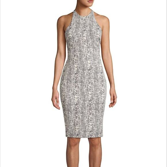 Likely Snakeskin Bodycon Dress Beige Black Midi Racerback Date Night Size 2 - Picture 11 of 13